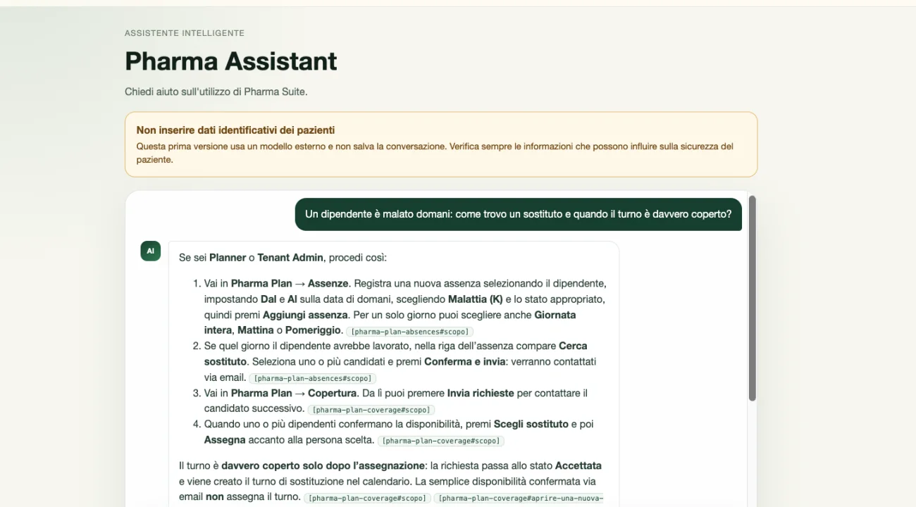 Pharma Assistant beantwortet eine Frage zur Vertretungssuche und nennt zu jedem Schritt seine Quelle im Benutzerhandbuch.